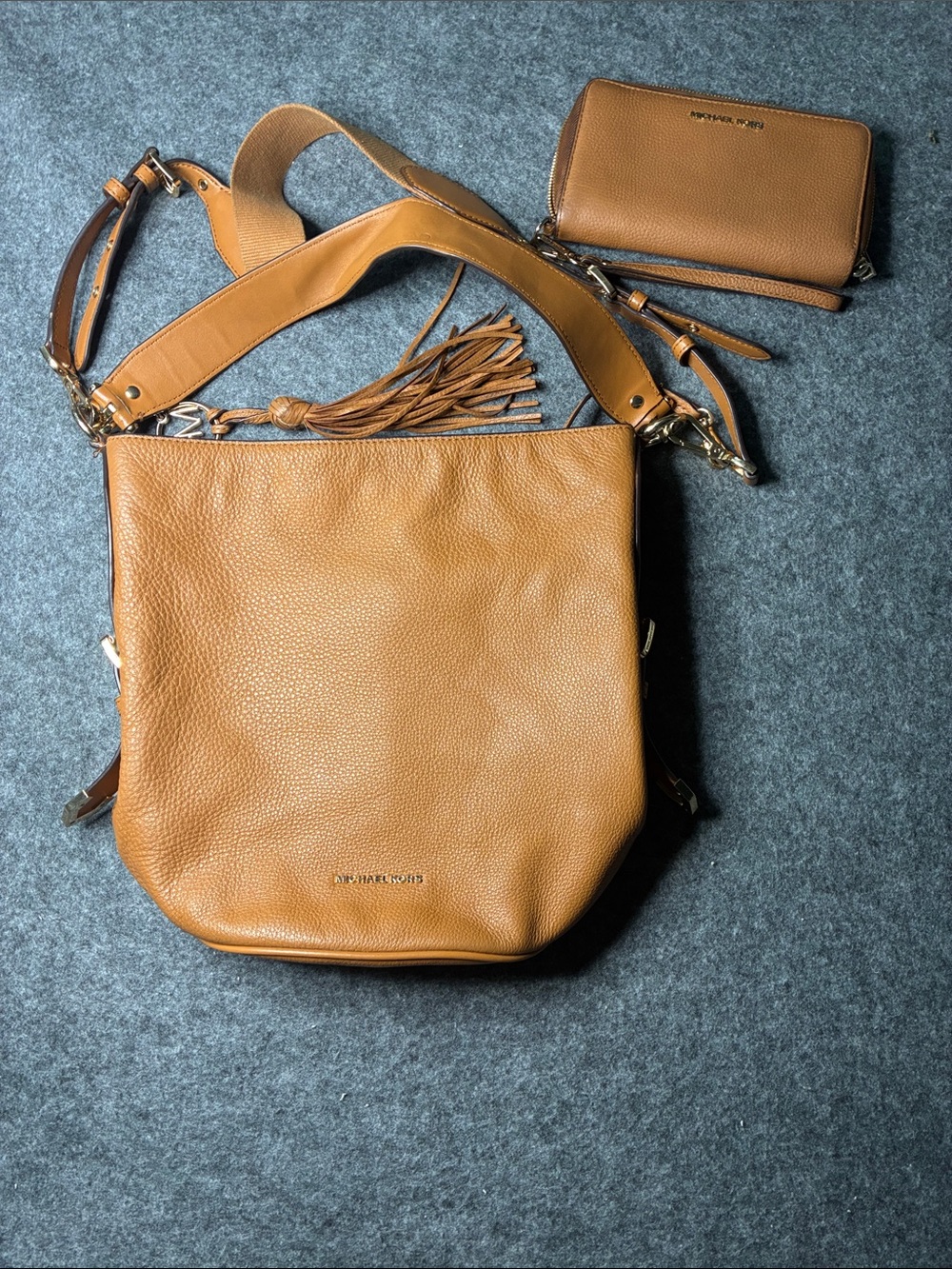 Michael Kors Cognac Pebbled Leather Hobo with Tassel & Matching Wallet